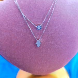 Collar Doble Ojo Turco y Mano De Fátima