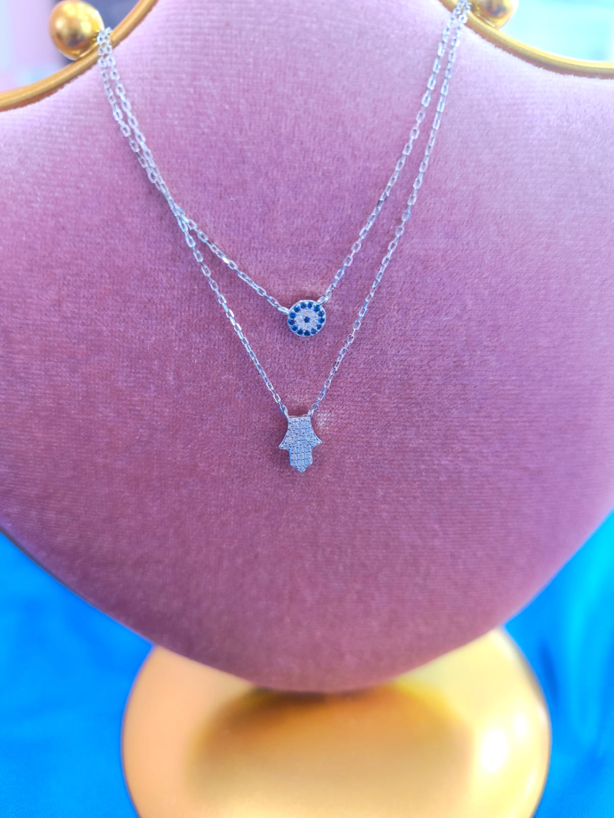 Collar Doble Ojo Turco y Mano De Fátima